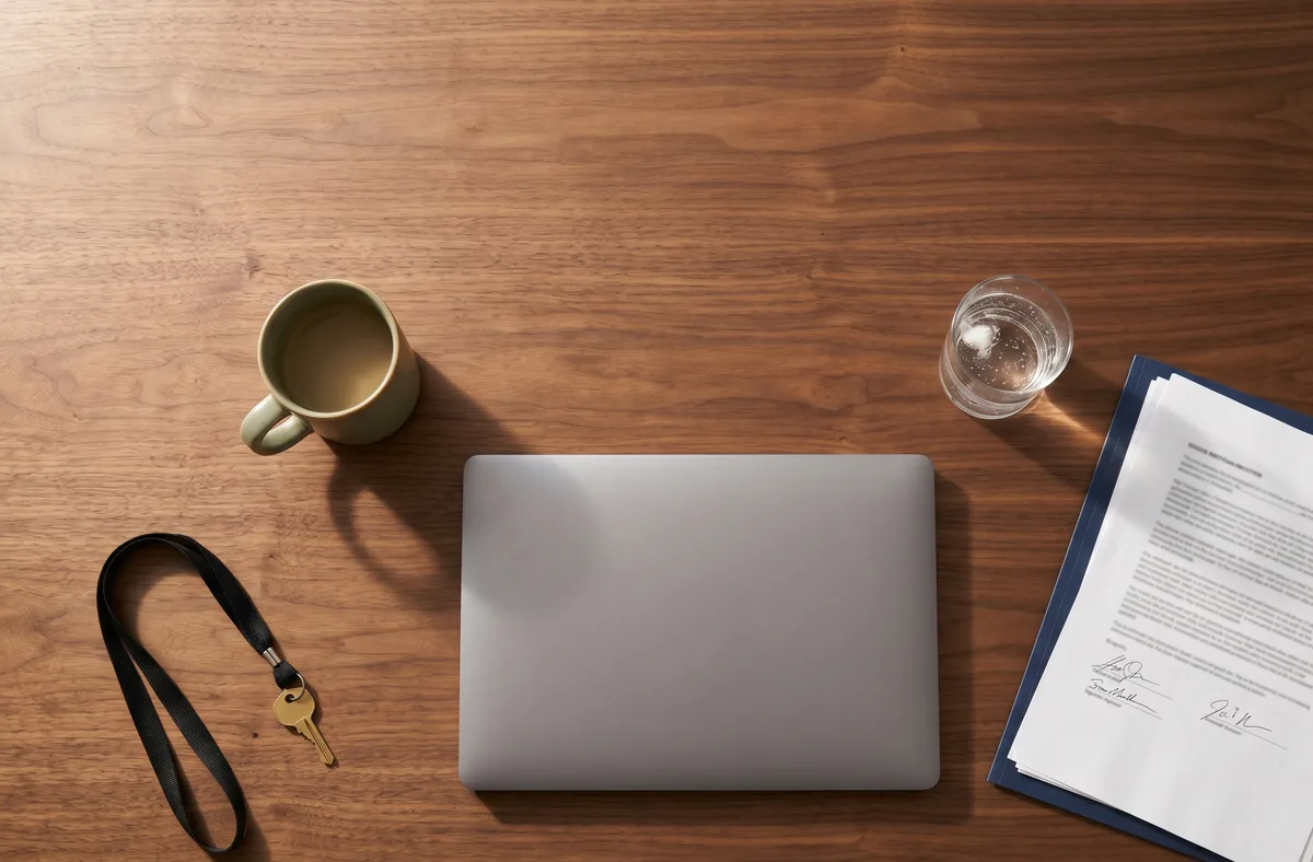 Walnut desk with a laptop, signed papers, keys and coffee mug.